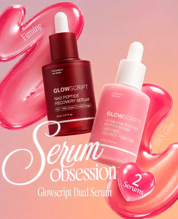 Serum obsession: two Glowscript serum bottles on pink glossy swirls