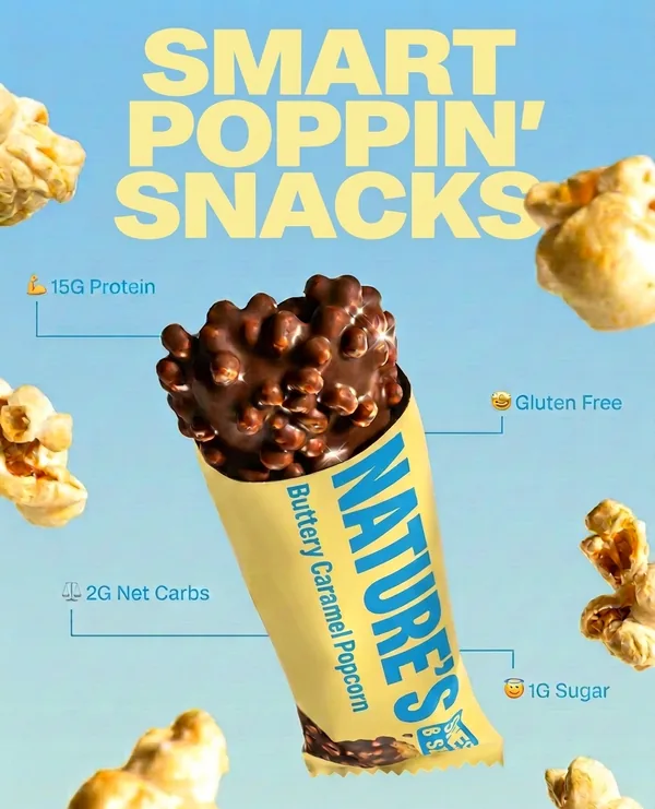 Smart poppin' snacks: a Nature's buttery caramel popcorn bar with popcorn bursting around it