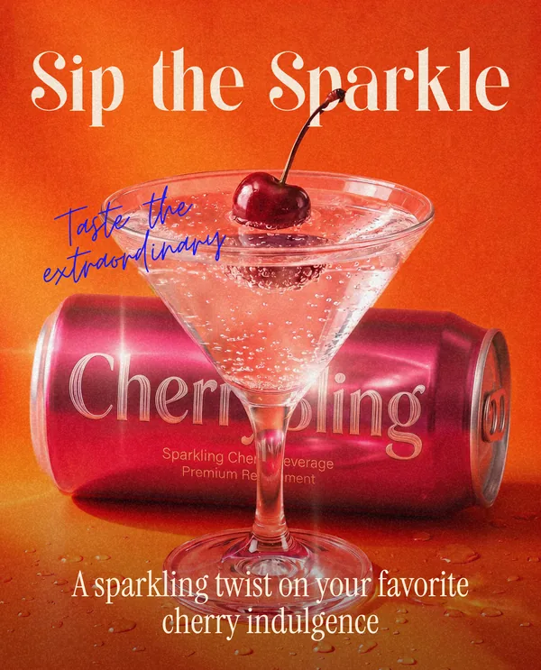 Sip the Sparkle: a cherry cocktail in a martini glass in front of a can of sparkling cherry drink