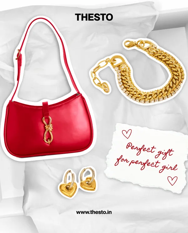Thesto: a red shoulder bag, a gold chain and heart earrings with a note reading perfect gift for the perfect girl