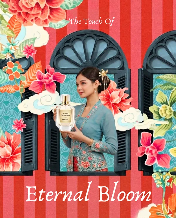 Eternal Bloom: a woman holding a perfume bottle in a shuttered window framed by flowers